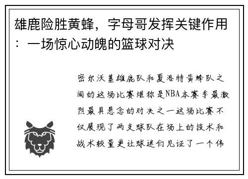 雄鹿险胜黄蜂，字母哥发挥关键作用：一场惊心动魄的篮球对决