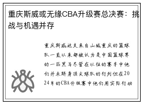 重庆斯威或无缘CBA升级赛总决赛：挑战与机遇并存